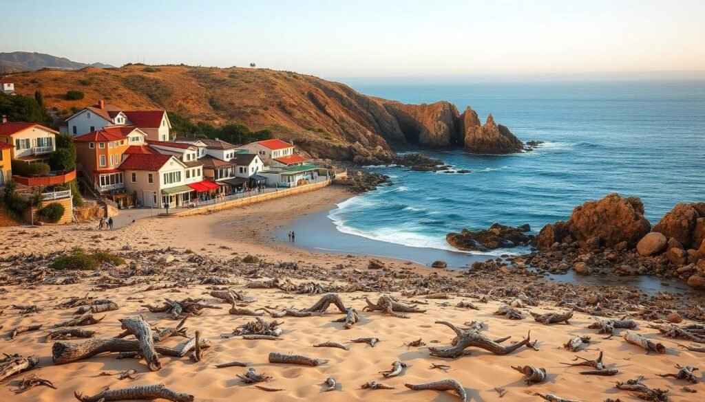 A breathtaking seaside vista of Carmel-by-the-Sea, where the rugged Pacific coast meets the charming village's picturesque architecture. In the foreground, a sun-dappled beach dotted with driftwood and tide pools, inviting beachcombers to explore. The middle ground features quaint, colorful cottages and cafes lining the main street, with their Mediterannean-inspired roofs and white-washed walls. In the background, dramatic cliffs and rocky headlands frame the scene, their tawny hues contrasting with the deep blue of the ocean. Soft, warm lighting bathes the entire landscape, creating a sense of tranquility and timeless beauty. Captured through a wide-angle lens to showcase the harmonious interplay of land, sea, and architecture.