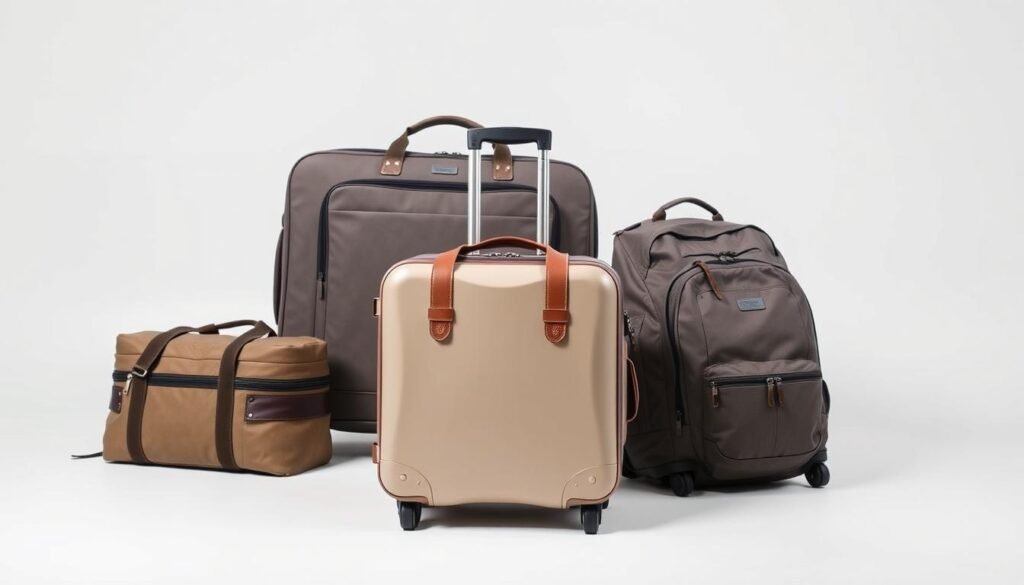 A neatly arranged set of stylish travel bags and luggage in a well-lit, minimalist studio setting. In the foreground, a sleek carry-on suitcase in a neutral color, its surface reflecting the studio lights. Behind it, a larger checked bag in a complementary hue, its clean lines and polished hardware catching the eye. In the middle ground, a compact duffel bag and a spacious backpack, both designed for functionality and adventure. The background features a simple white backdrop, allowing the luggage to take center stage and showcase its practical yet sophisticated aesthetic. The overall scene conveys a sense of organized preparedness, perfect for the discerning traveler seeking to optimize their packing experience.