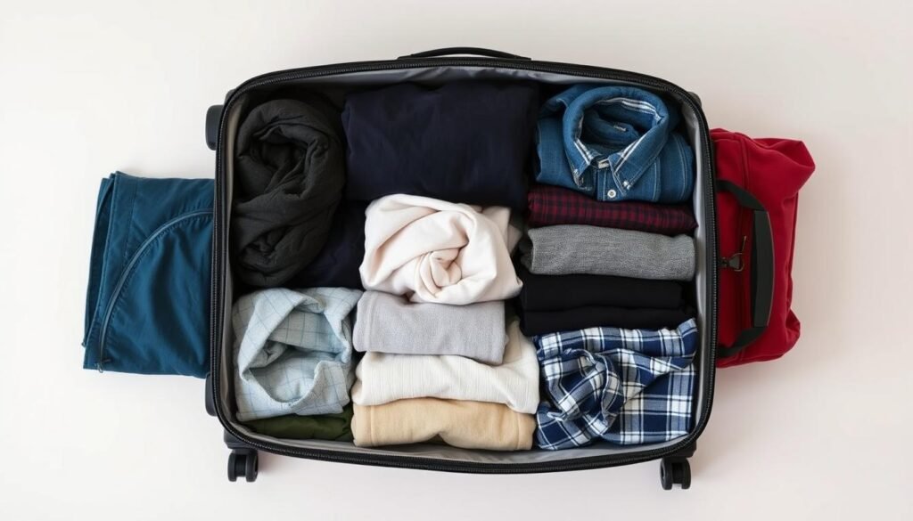 A neatly organized luggage, with various clothing items strategically folded and stacked, set against a minimalist, light-colored background. The center of the frame features a collage of clothing packing techniques - from compact rolling to strategic layering. The lighting is soft and even, emphasizing the textures and details of the fabrics. The overall composition conveys a sense of efficiency, simplicity, and travel-readiness.