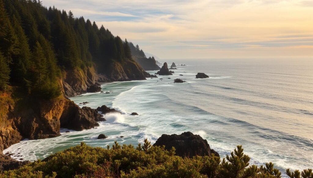 A picturesque coastal landscape with a rugged, windswept shoreline. In the foreground, waves crash against towering sea cliffs, their foaming spray catching the golden light of the sun. Lush, verdant forests cling to the hillsides, their canopy of evergreen trees framing the scene. In the distance, the glistening Pacific Ocean stretches out to the horizon, dotted with small islands and rocky outcroppings. The sky above is a soft blend of blues and grays, with wispy clouds drifting lazily overhead. The overall atmosphere is one of serene tranquility, inviting the viewer to immerse themselves in the beauty of this hidden coastal gem.