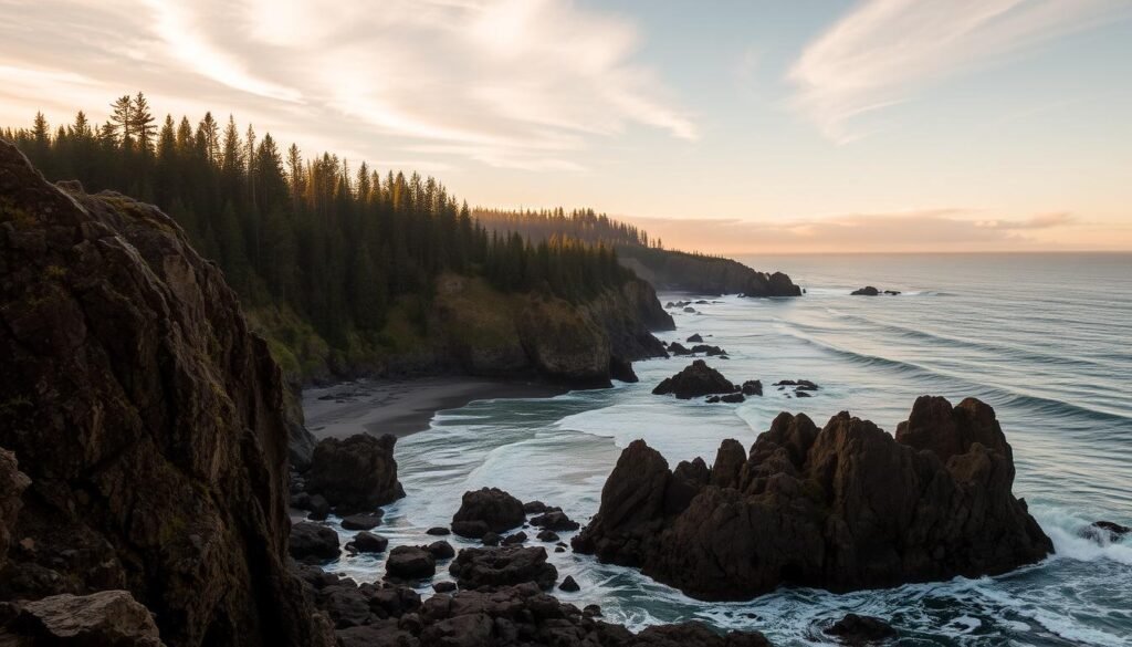 A rugged and picturesque coastline along the scenic Cape Meares in Oregon, with dramatic cliffs, rocky outcroppings, and the serene Pacific Ocean as the backdrop. In the foreground, waves crash against the weathered basalt formations, creating a soothing ambient sound. The middle ground features a lush, verdant forest that cascades down the steep slopes, adding a sense of tranquility. In the distance, the horizon is dotted with wispy clouds, illuminated by the warm, golden light of the setting sun, casting a warm and inviting glow over the entire scene. The overall mood is one of peaceful solitude and natural wonder, perfectly capturing the essence of this hidden coastal gem.