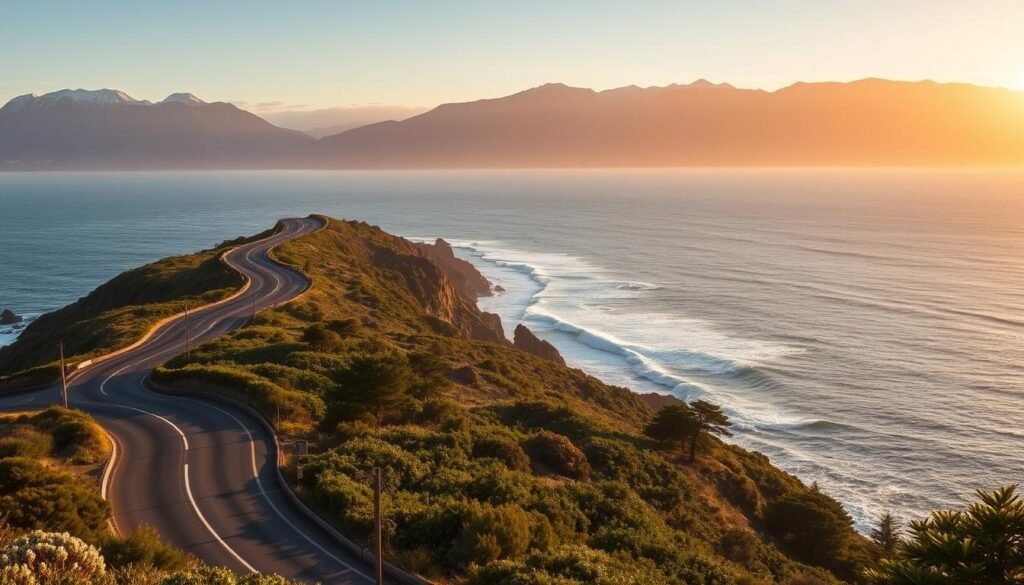 A serene coastal landscape, the Pacific Coast Highway winds gracefully along the rugged cliffs, offering breathtaking views of the vast, shimmering ocean. In the foreground, a well-maintained two-lane road with gentle curves invites exploration, flanked by lush, verdant foliage. The middle ground features picturesque overlooks, where travelers can pause to admire the majestic crashing waves below. In the background, towering mountains rise, their peaks capped with a light dusting of snow, creating a dramatic and awe-inspiring backdrop. The scene is bathed in a warm, golden glow, as the sun dips low on the horizon, casting a warm, inviting hue across the entire tableau. The overall mood is one of tranquility, adventure, and the sheer beauty of the natural world.