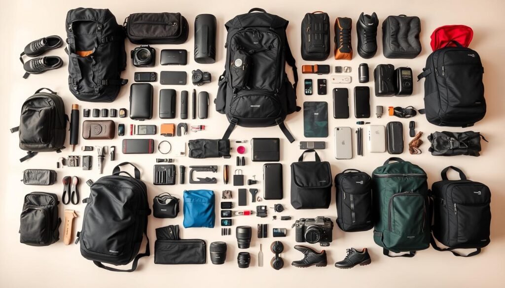 A sprawling travel gear arrangement dominates the frame, showcasing an array of smartly organized items essential for the jet-setting adventurer. Backpacks, luggage, gadgets, and accessories are meticulously displayed against a clean, minimalist backdrop, bathed in warm, natural lighting that accentuates their practical appeal. The composition follows a dynamic, asymmetrical layout, drawing the eye to cleverly positioned travel hacks - hidden compartments, foldable items, and multi-purpose tools that streamline the packing process. The overall mood is one of efficiency, organization, and the thrill of discovery, capturing the spirit of the "Smart Travel Hacks That Will Change How You Travel" section.