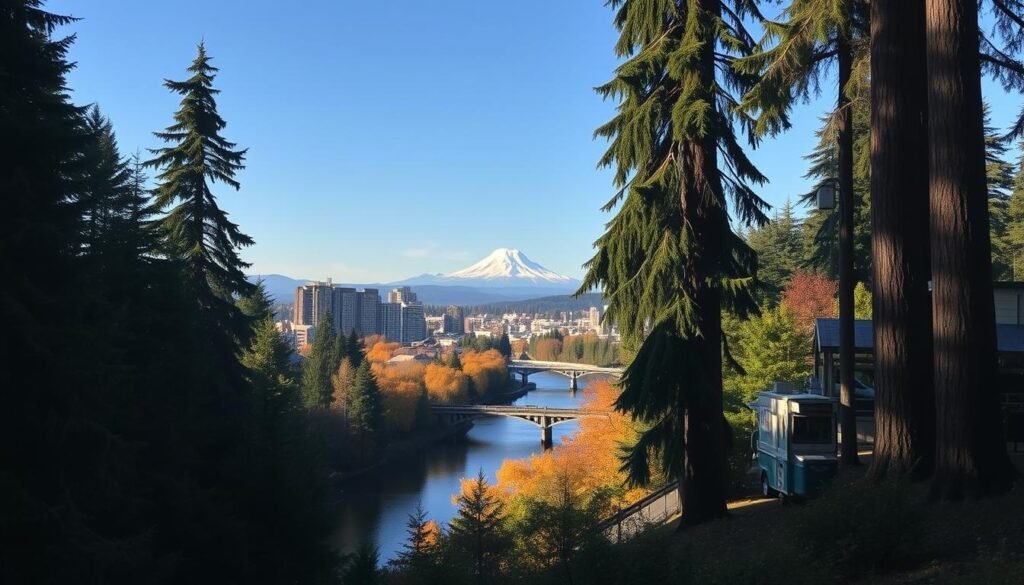 A tranquil scene of Portland, Oregon: a lush, verdant forest in the foreground, with towering Douglas firs and majestic redwoods casting long shadows. In the middle ground, a picturesque Willamette River winding through the city, its waters reflecting the vibrant hues of the changing autumn foliage. In the background, the iconic silhouette of Mount Hood, its snow-capped peak piercing the azure sky. Cafes and food carts line the riverbanks, their aromas of freshly brewed coffee and artisanal delicacies mingling with the crisp, earthy scent of the forest. The overall atmosphere is one of serene, natural beauty, perfectly capturing the essence of Portland's unique blend of urban and wilderness.