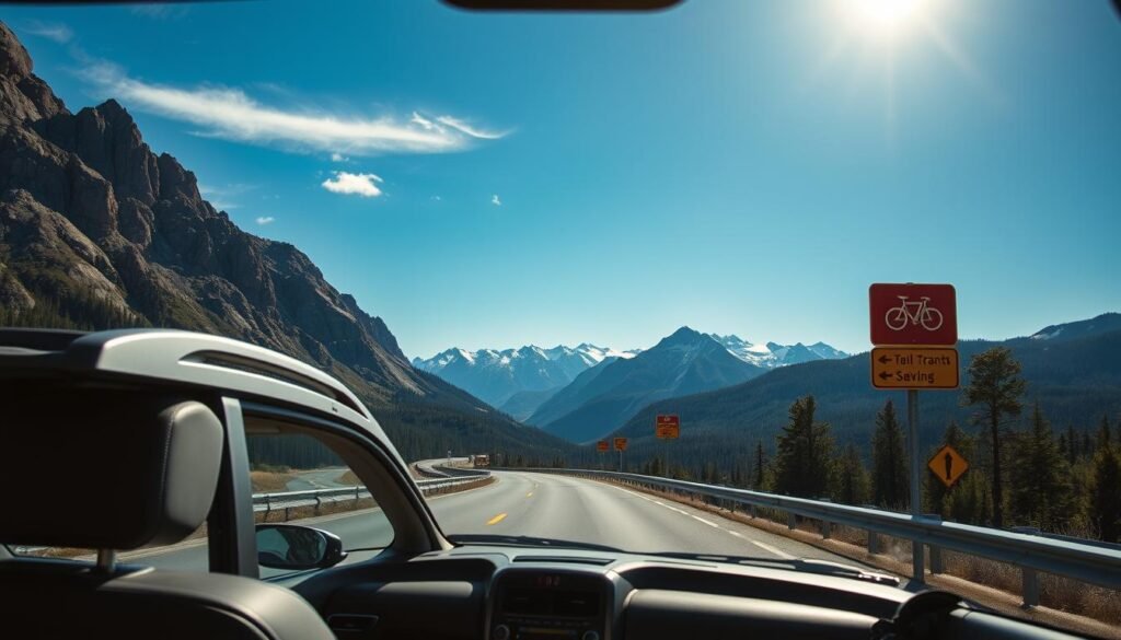 A well-lit, wide-angle shot of a scenic highway winding through rugged mountains, with a small, fuel-efficient car in the foreground. The car's interior is visible, showcasing practical, cost-saving features like a roof rack, comfortable seating, and ample cargo space. In the middle ground, a road sign indicates various transportation options, including carpooling, public transit, and bike-sharing. The background features a breathtaking vista of snow-capped peaks, lush forests, and a clear, blue sky, conveying the freedom and adventure of a road trip. The overall mood is one of efficient, eco-friendly travel amidst the stunning natural beauty of the West Coast.