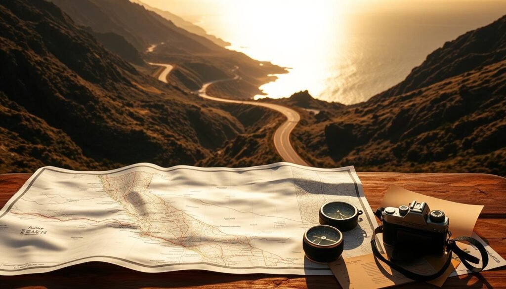 An aerial view of a winding two-lane highway cutting through rugged, sun-dappled mountains, with the shimmering Pacific Ocean visible in the distance. In the foreground, a large road map unfolds, its topographic lines and marked destinations suggesting a carefully planned West Coast road trip route. Beside it, a vintage camera, compass, and scattered travel ephemera evoke the adventurous spirit of an epic journey. The scene is bathed in warm, golden light, creating a sense of nostalgia and exploration, perfectly capturing the essence of "Planning Your Route for Maximum Cost Efficiency" for a West Coast road trip.