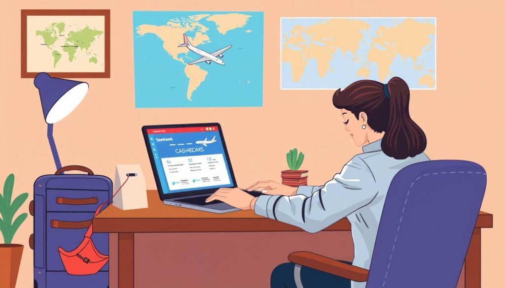An image of a person using a laptop to book flights on a cashback website