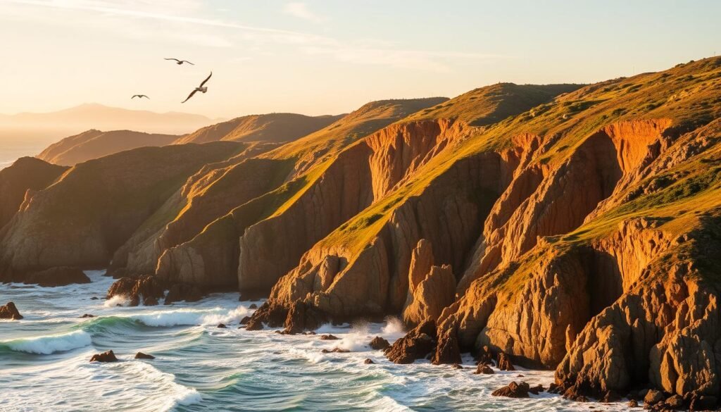 Dramatic cliffs and rugged coastline of Channel Islands National Park, a remote Pacific Ocean sanctuary. Crashing waves against rocky shores, sea birds soaring overhead. Warm, golden afternoon sunlight bathes the scene in a serene, coastal glow. Lush, verdant vegetation clings to the steep hillsides. Tranquil coves and hidden sea caves dot the landscape. Capture the wild, untamed essence of this beautiful, unspoiled natural wonder.