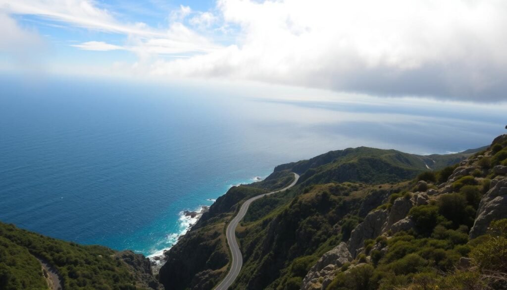 Dramatic coastal landscape of Big Sur, California. Rocky cliffs and lush green foliage plunging into the vast azure Pacific Ocean. Sunlight filters through wispy clouds, casting warm, golden hues across the rugged terrain. In the middle ground, a winding ribbon of road hugs the contours of the coastline, leading the viewer's eye into the distance. Majestic mountains rise up in the background, their peaks shrouded in a soft, ethereal mist. The overall scene exudes a sense of tranquility, natural beauty, and the power of the untamed California coast.