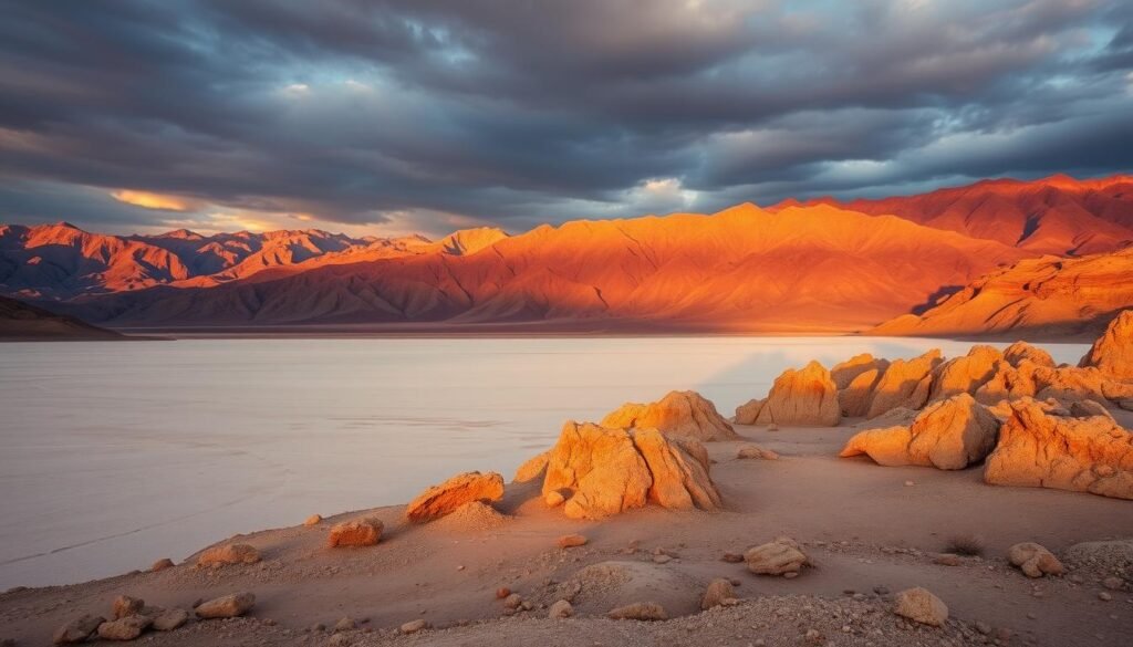 Dramatic landscape of Death Valley National Park, California. Vast desert expanse, rugged mountains in the distance, shadows and highlights creating depth and drama. Warm golden sunlight illuminating the otherworldly terrain, rocky formations and salt flats. Serene, peaceful atmosphere with a sense of solitude and grandeur. Wide-angle lens captures the immensity of the scene, inviting the viewer to explore this unique and captivating natural wonder. Cinematic, cinematic quality with a touch of moodiness and mystery.