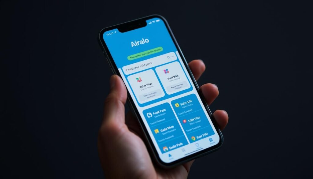 Generate an image of Airalo app on a mobile device with eSIM plans available.