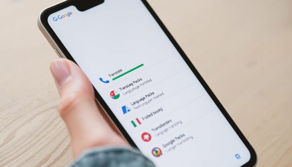 Generate an image of Google Translate app on a mobile device with language packs downloading.