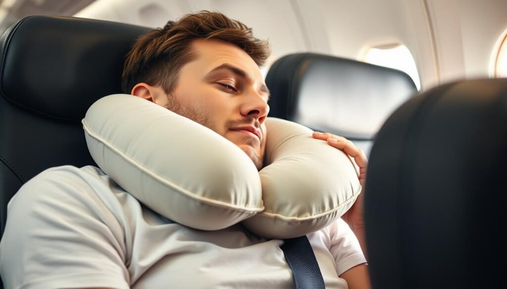 Generate an image of a person using a travel pillow on a plane.