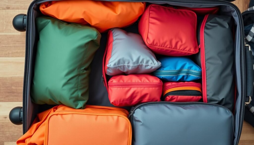 Generate an image of packing cubes in various sizes and colors, neatly organized in a suitcase.