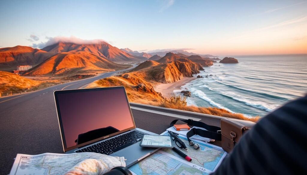 west coast road trip with scenic mountain and ocean views, traveler planning budget on laptop, map and travel supplies in foreground, warm sunset lighting, wide-angle lens, adventurous outdoor exploration vibe