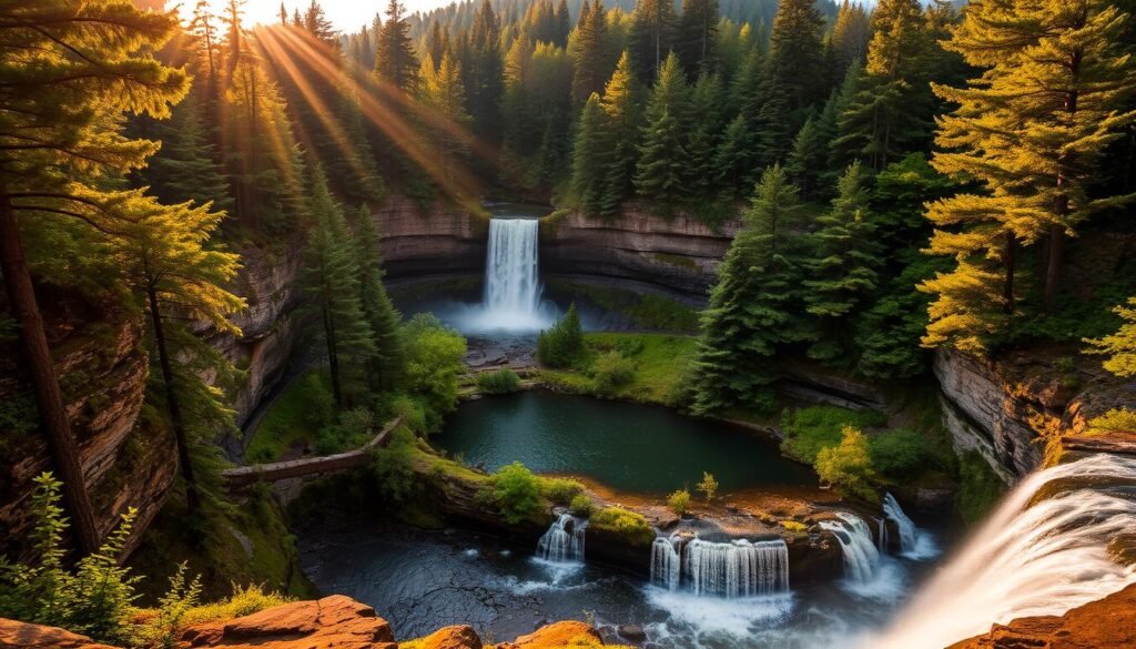 A breathtaking landscape of Kaaterskill Falls, a majestic two-tiered waterfall nestled in the lush, verdant Catskill Mountains. In the foreground, the cascading waters tumble over the rocky cliffs, mist gently swirling around the base. The middle ground features a serene, tranquil pool, its surface reflecting the surrounding forest's vibrant greens. In the background, towering hemlock and pine trees frame the scene, creating a sense of depth and natural wonder. The warm, golden light filters through the canopy, casting a soft, magical glow over the entire vista. Captured with a wide-angle lens, the image conveys the grandeur and awe-inspiring beauty of this natural gem, just a short drive from the bustling city of New York.