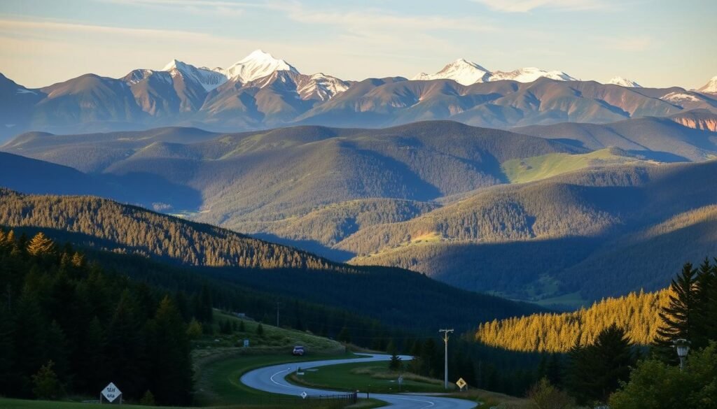 A breathtaking panorama of the Stowe, Vermont mountain range, with the iconic peaks of Mansfield and Elmore casting dramatic shadows across the lush, verdant valleys below. The scene is bathed in the warm, golden light of a late afternoon sun, casting a soft, ethereal glow over the rugged, snow-capped summits and the dense, evergreen forests that cloak the slopes. In the foreground, a winding country road winds its way through the picturesque landscape, inviting the viewer to embark on a scenic, leisurely drive through this quintessential New England mountain retreat.