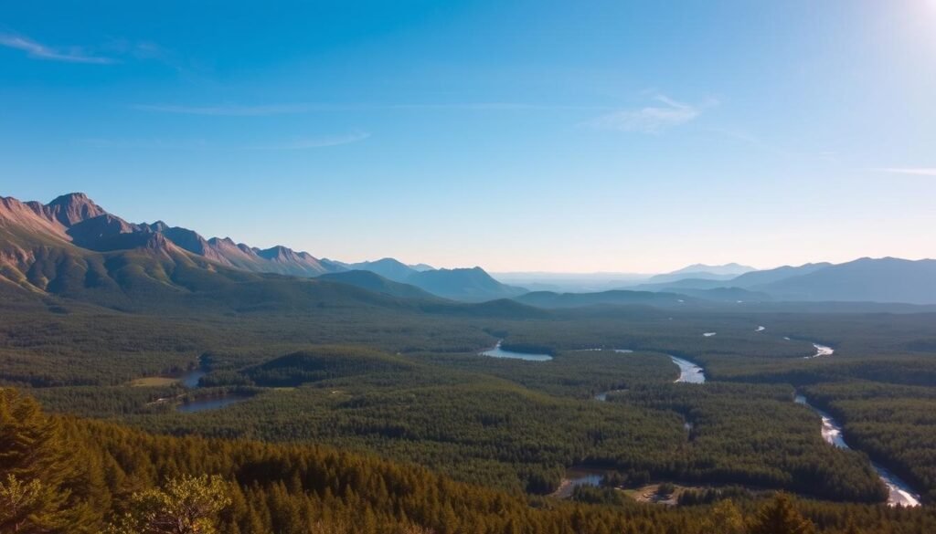 A breathtaking vista of the Adirondack Mountains, with rugged peaks rising majestically against a brilliant azure sky. Lush, verdant forests stretch out in the foreground, dotted with shimmering lakes and winding streams that reflect the natural beauty of the landscape. Warm, golden sunlight filters through the canopy, casting a warm, inviting glow over the scene. In the distance, jagged silhouettes of mountain ridges fade into the hazy horizon, beckoning the viewer to explore the untamed wilderness. This idyllic landscape, captured with a wide-angle lens, conveys a sense of adventure and tranquility, perfectly encapsulating the spirit of upstate New York's natural wonders.
