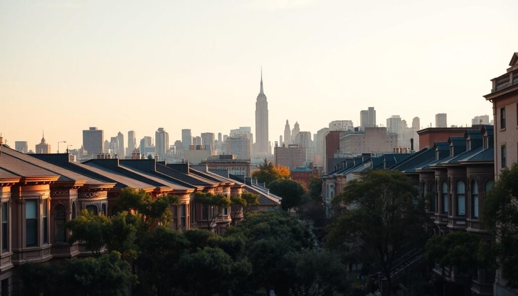 A bustling city skyline emerges, the iconic silhouette of the Empire State Building piercing the sky. In the foreground, a lively neighborhood scene unfolds - brownstone townhouses, quaint cafes, and pedestrians strolling along tree-lined streets. The soft, golden light of the afternoon sun casts a warm glow, inviting exploration of the lesser-known corners of this vibrant metropolis. A sense of discovery and adventure permeates the scene, suggesting the rewards of venturing beyond the main tourist hubs. The camera angle is slightly elevated, providing a panoramic view that captures the city's energy and diversity. This image beautifully illustrates the section's theme of finding hidden gems and experiencing the true character of a destination like New York City.