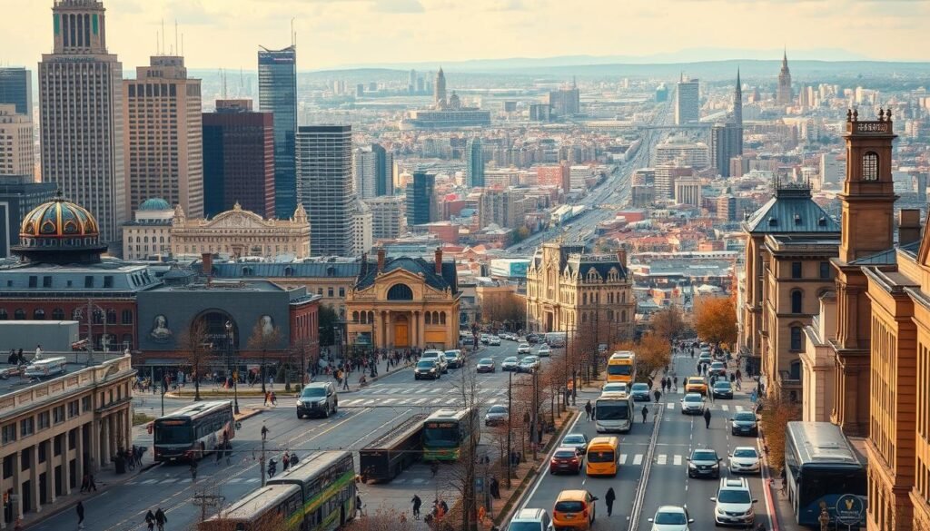 A bustling urban landscape with towering skyscrapers and historic architecture. In the foreground, a lively city street teeming with pedestrians, cyclists, and a variety of public transportation options - buses, trams, and taxis. The middle ground features a sprawling network of roads and intersections, with vehicles of all shapes and sizes navigating the city. In the background, a panoramic view of the skyline, punctuated by iconic landmarks and a vibrant, colorful cityscape. The scene is bathed in warm, golden light, creating a sense of energy and vitality. The overall atmosphere conveys the dynamic, cost-effective nature of getting around a thriving metropolitan area.