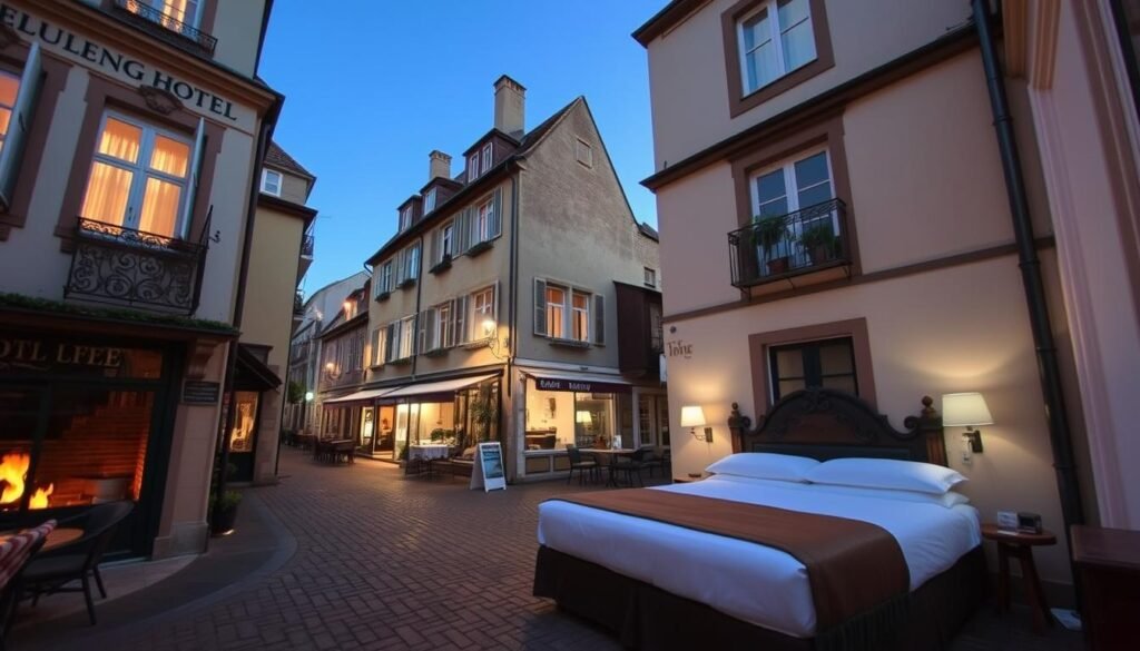 A cozy, budget-friendly hotel nestled in a charming, old-world European neighborhood. The exterior features a quaint, historic facade with ornate architectural details, inviting guests to step back in time. The lobby has a warm, inviting ambiance, with plush furnishings, antique decor, and a crackling fireplace. The hotel room is modest yet comfortable, boasting clean lines, simple yet elegant furnishings, and plenty of natural light streaming in through large windows. Outside, the street is lined with local shops, cafes, and cobblestone paths, creating a tranquil, pedestrian-friendly atmosphere perfect for exploring on a shoestring budget.