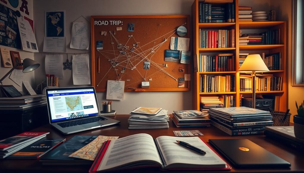 A cozy home office with a large desk, cluttered with maps, guidebooks, and a laptop displaying a road trip planning website. In the middle ground, a corkboard covered in notes, push-pins, and string connecting destinations. In the background, a bookshelf filled with travel guides and souvenirs from past adventures. Soft, warm lighting illuminates the scene, creating a contemplative, exploratory atmosphere. An open notebook and pen sit ready, waiting to capture the next leg of the journey. This image conveys the excitement and preparation of planning a road trip from New York, full of anticipation and a sense of adventure.