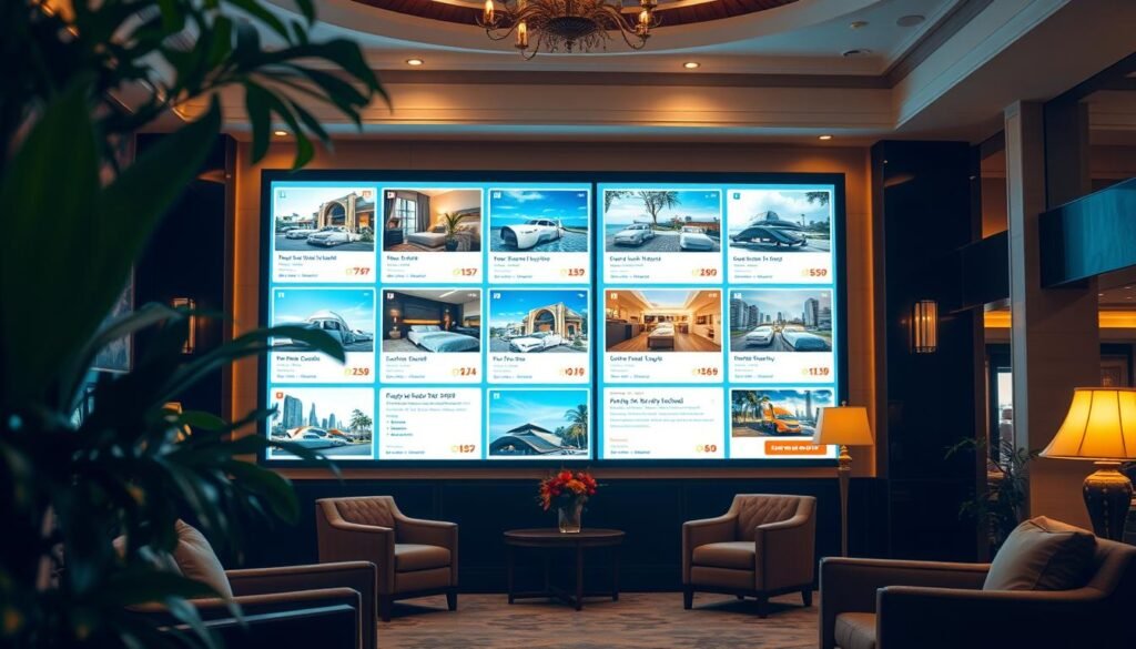 A cozy hotel lobby with lush greenery and warm lighting, showcasing an array of enticing hotel deals prominently displayed on a large digital screen. The scene has a welcoming, inviting atmosphere, capturing the essence of finding great travel accommodations. The lighting is soft and ambient, creating a serene and relaxing ambiance. The camera angle is slightly elevated, providing a comprehensive view of the hotel deals displayed on the screen, while also highlighting the elegant furnishings and decor of the lobby. The overall composition draws the viewer's attention to the hotel deals, making them the focal point of the image.