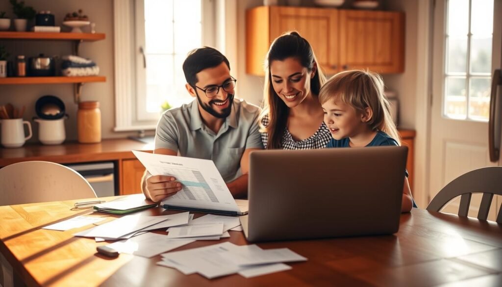 A cozy, sun-lit kitchen with a family gathered around a wooden table, discussing a budget spreadsheet together. A laptop and scattered papers in the foreground, as the parents explain financial details to their two attentive children. Warm, soft lighting casts a comforting glow, conveying a sense of collaboration and open communication. The overall mood is one of teamwork and shared responsibility, as the family navigates their travel budget for an upcoming vacation. The composition is balanced, with the figures in the middle ground and the background elements providing context without distracting from the central scene.