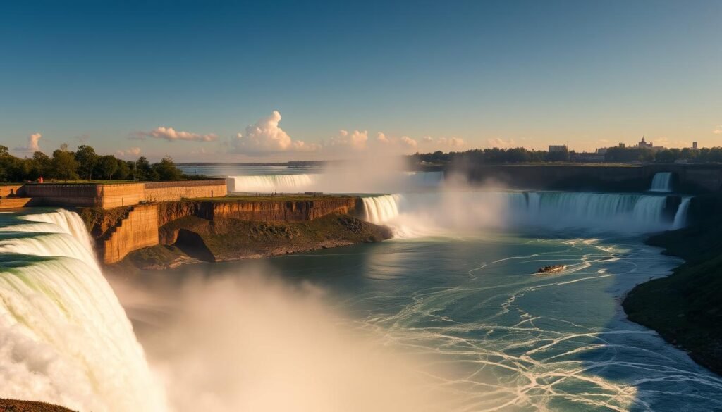 A dramatic panorama of Niagara Falls, captured from the Canadian side. In the foreground, the powerful Horseshoe Falls cascades over the edge, its thunderous roar and mist creating a mesmerizing display. The middle ground features the iconic American Falls, their rugged cliffs contrasting with the smooth, flowing water. In the distance, the Bridal Veil Falls add to the symphony of cascading water. The scene is bathed in warm, golden light, creating a sense of timeless beauty and grandeur. The sky is clear, with fluffy white clouds adding depth and interest to the composition. The viewer is drawn in, captivated by the sheer scale and raw power of this natural wonder.