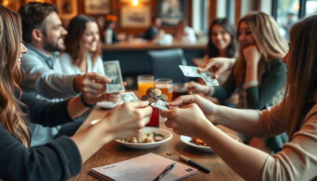 A group of friends sitting around a table, splitting the check and discussing expenses. The foreground shows their hands passing bills and coins back and forth, while the middle ground features a shared meal, drinks, and a bill folder. The background has a cozy cafe or restaurant setting, with warm lighting and a relaxed, friendly atmosphere. The scene conveys the collaborative nature of shared travel costs, and the importance of open communication to maintain strong relationships.