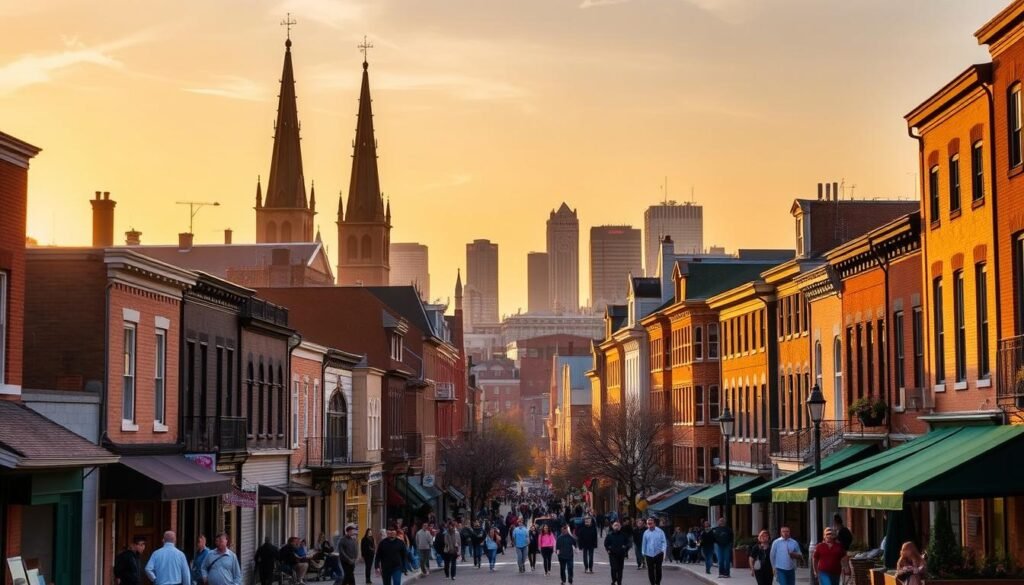 A historic city skyline emerges, with the iconic steeples and spires of Old City Philadelphia silhouetted against a warm, golden sunset. In the foreground, a bustling street scene comes into focus, with locals and tourists alike strolling past vibrant row houses, independent shops, and lively cafes. The atmosphere is one of cultural richness and urban energy, captured through a lens that emphasizes the city's timeless charm and accessibility. Warm, diffused lighting casts a romantic glow, inviting the viewer to imagine themselves immersed in this budget-friendly weekend escape from the bustle of New York City.