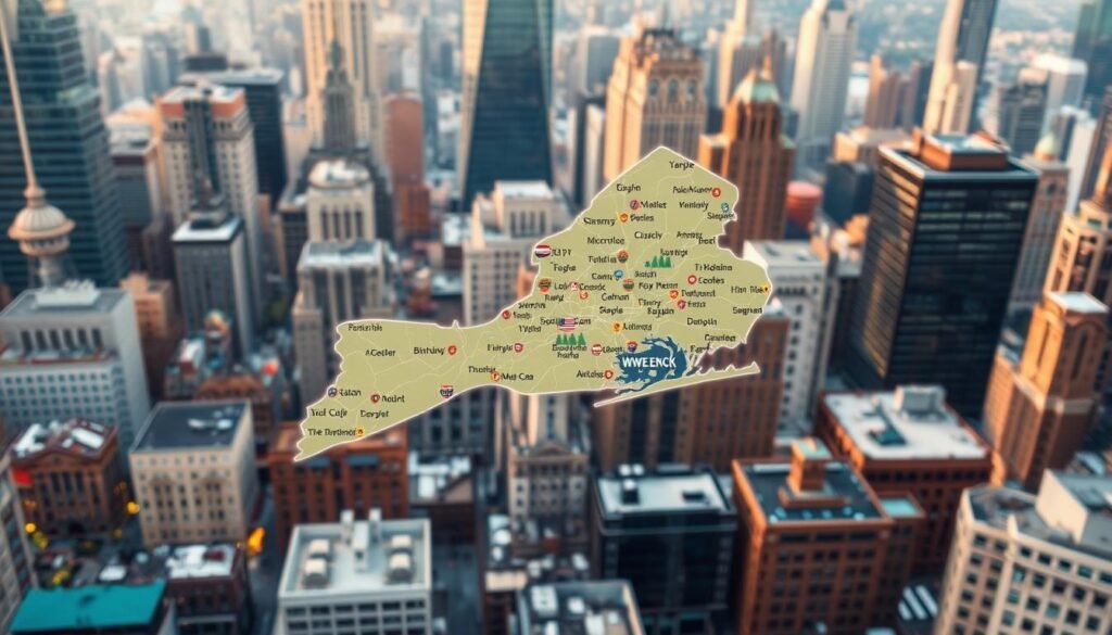 A lively cityscape with a detailed map overlaying a bustling urban scene. The map is the focal point, showcasing a vibrant selection of weekend getaway destinations surrounding a metropolitan center, perhaps New York City. Soft, warm lighting illuminates the map, drawing the viewer's eye to the carefully curated destinations. In the background, a blend of modern skyscrapers and historic architecture creates a visually captivating environment. The overall atmosphere conveys a sense of discovery, exploration, and the promise of exciting weekend adventures just beyond the city limits.