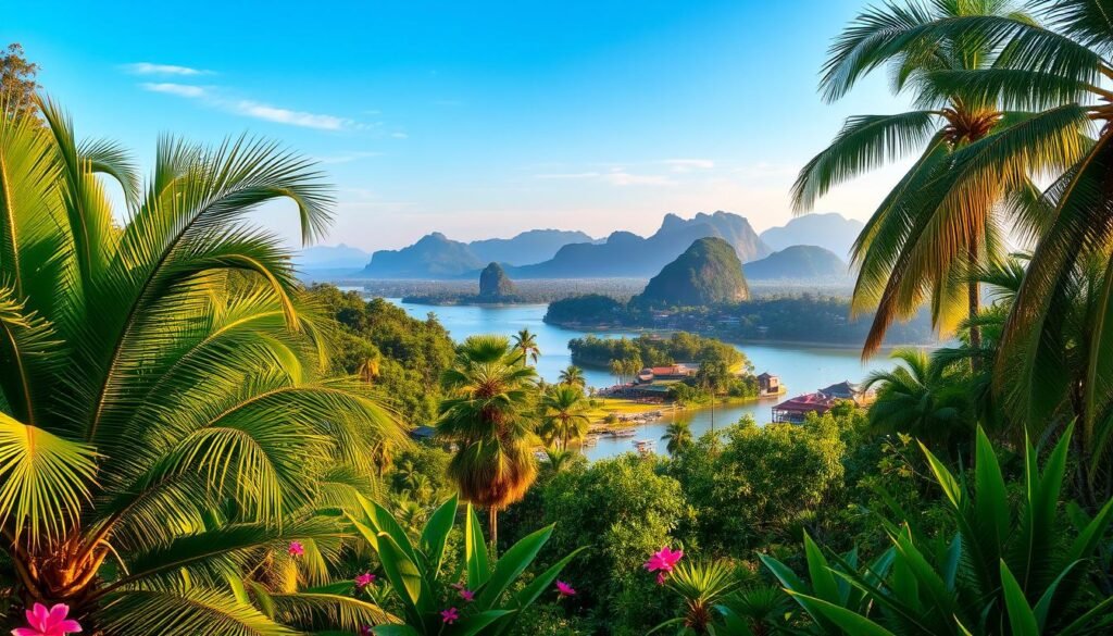 A lush tropical landscape unfolds, with verdant palm trees swaying gently in the warm breeze. Vibrant hues of emerald and jade dominate the foreground, punctuated by the vibrant blooms of exotic flowers. In the middle ground, a winding river reflects the azure sky, its banks dotted with traditional wooden houses and quaint fishing boats. Distant peaks rise majestically, their silhouettes shrouded in a hazy mist, evoking a sense of mystery and wonder. The scene is bathed in a warm, golden light, creating a serene and inviting atmosphere that encapsulates the essence of Southeast Asia.
