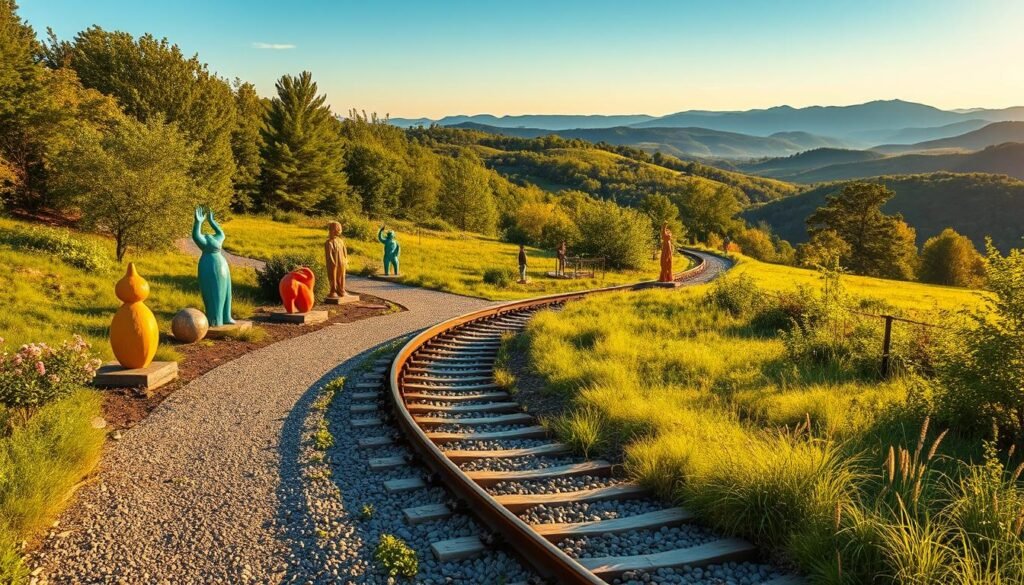 A lush, verdant landscape in the Berkshires, with a winding, crushed-stone rail trail cutting through the middle ground. The foreground features vibrant sculptures and outdoor art installations, their dynamic forms casting intriguing shadows. The background showcases rolling hills and distant mountains, bathed in the warm glow of golden-hour sunlight. The scene exudes a sense of peaceful exploration, inviting visitors to discover the region's artistic treasures amidst the natural splendor. A 50mm lens captures the scene with a shallow depth of field, drawing the eye to the captivating interplay of man-made and natural elements.