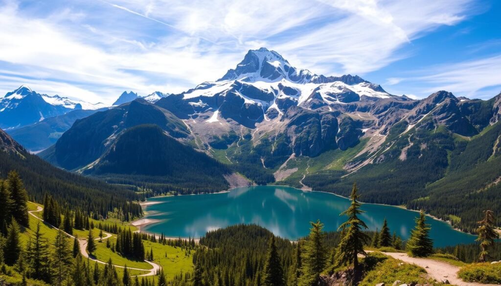 A majestic mountain range rises dramatically against a vibrant azure sky, its snow-capped peaks glistening in the warm morning light. In the foreground, a crystal-clear alpine lake reflects the towering cliffs and lush, verdant forests that surround it. Picturesque hiking trails wind through the rugged terrain, inviting adventurous souls to explore the untamed natural beauty. The scene exudes a sense of tranquility and awe, evoking the perfect escape from the bustling city of New York, just a short distance away.