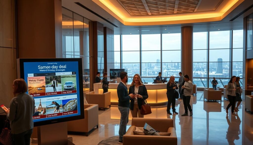 A modern hotel lobby bathed in warm, diffused lighting, with sleek glass facades and geometric patterns adorning the walls. In the foreground, a touchscreen display showcases various "same-day deal" offerings, each accompanied by enticing visuals and discounted pricing. Guests in casual attire mingle about, checking their phones or conversing near plush sofas and armchairs. The middle ground features a concierge desk, where a smiling staff member assists a couple inquiring about weekend "threeday" packages. Beyond, the background reveals a panoramic view of the city skyline, hinting at the diverse travel opportunities awaiting the savvy booker.
