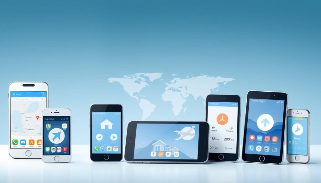 A modern, minimalist illustration of essential travel apps displayed on various mobile devices. The foreground features a collection of sleek smartphones and tablets, each showcasing app icons for navigation, flight booking, accommodation, translation, and currency conversion. The middle ground depicts a stylized world map, hinting at the global reach of these travel apps. The background has a serene gradient of blues and grays, conveying a sense of tranquility and adventure. The lighting is soft and diffused, creating a clean, sophisticated aesthetic. The entire composition is captured from a slightly elevated, isometric angle to provide an immersive, user-centric perspective.