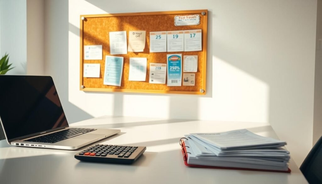 A modern, minimalist office workspace with a laptop, calculator, and stack of papers on a clean, white desk. Sunlight streams through large windows, casting a warm, golden glow across the scene. In the background, a corkboard displays various travel discount offers and coupons, hinting at the "terms and conditions" to consider when booking getaways. The overall atmosphere is one of organization, efficiency, and the pursuit of savvy travel planning.