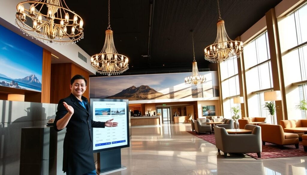 A modern, well-lit hotel lobby with a large front desk and plush seating areas. The warm, inviting atmosphere is complemented by sleek, minimalist decor and natural light streaming through expansive windows. In the foreground, a receptionist is smiling and gesturing towards a digital display showcasing hotel rates and package deals. Elegant chandeliers hang from the high ceiling, casting a soft glow over the scene. The background features a wall-sized mural depicting scenic landscapes, hinting at the travel experiences guests can enjoy. The overall impression is one of luxury, convenience, and exceptional value.