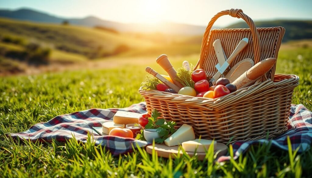 A picnic scene on a sunny day: a woven picnic basket overflows with a variety of fresh, wholesome foods - crisp vegetables, ripe fruits, artisanal breads, and gourmet cheeses. A cozy plaid blanket is spread out on lush green grass, inviting the viewer to sit and enjoy the simple pleasures of an outdoor meal. The warm light casts a golden glow, creating a sense of comfort and relaxation. In the distance, rolling hills and a clear blue sky complete the idyllic, carefree atmosphere. This scene captures the essence of budget-friendly, fulfilling meals that can be enjoyed on a day trip or vacation.