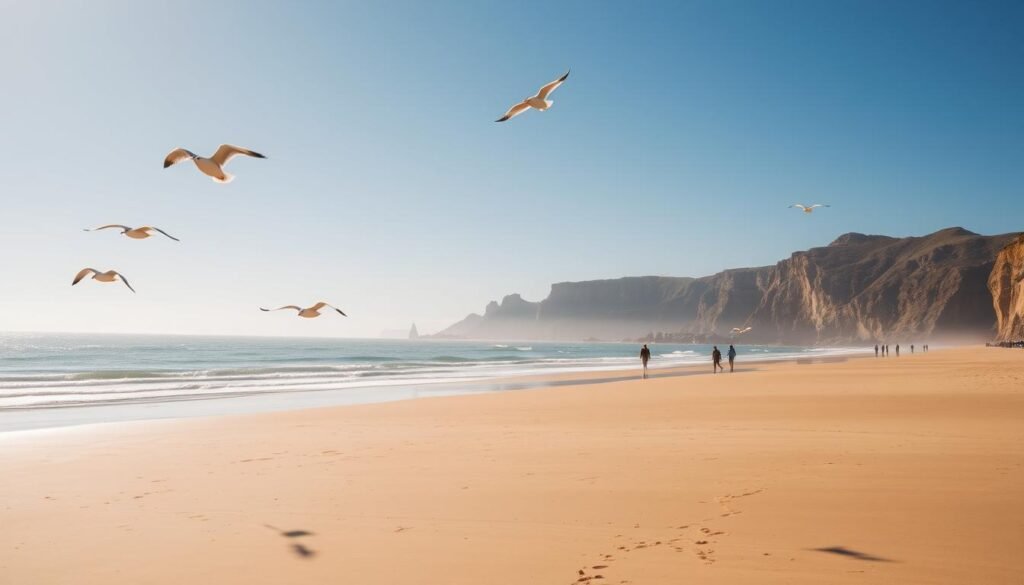 A picturesque beach scene with a wide expanse of golden sand, gently lapping waves, and a clear blue sky overhead. In the foreground, seagulls soar gracefully, their wings outstretched against the serene backdrop. The middle ground features a few beachgoers strolling along the water's edge, their silhouettes casting long shadows on the sand. In the distance, rugged cliffs rise up, creating a dramatic natural backdrop to the tranquil coastal setting. The lighting is soft and warm, creating a sense of calm and relaxation. The overall atmosphere is one of escape and rejuvenation, perfectly encapsulating the essence of a quick coastal getaway from the bustling city.