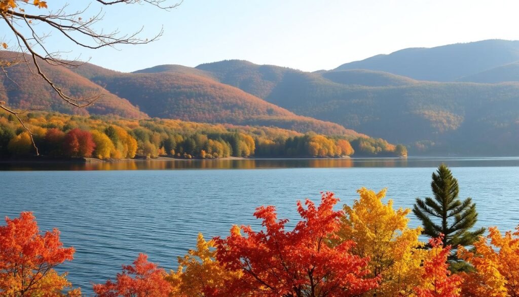 A picturesque landscape of the Finger Lakes region in upstate New York, showcasing the serene beauty of the glacially-carved lakes and the lush, rolling hills surrounding them. In the foreground, a crystal-clear lake reflects the vibrant hues of the autumn foliage lining its shores, with gently undulating waves rippling across the surface. The middle ground features a mix of deciduous and coniferous trees, their branches swaying in a soft breeze and casting dappled shadows on the ground below. In the distance, a series of gentle slopes rise up, their slopes covered in a tapestry of greens, oranges, and reds, creating a serene and calming atmosphere. The image is bathed in a warm, golden light, giving the scene a cozy and inviting feel, perfect for a budget-friendly getaway and nature escape near New York City.