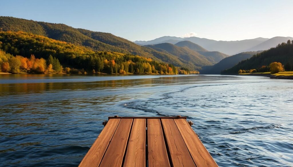 A picturesque river flowing through the lush, rolling hills of the Hudson Valley. In the foreground, a wooden dock extends into the calm, reflective waters, its weathered planks bathed in warm, golden sunlight. Surrounding the river, verdant forests and orchards stretch out in the middle ground, their vibrant greens punctuated by the occasional splash of autumn foliage. In the distance, the hazy silhouettes of the Catskill Mountains rise majestically, their peaks touched by soft, wispy clouds. The scene exudes a serene, pastoral atmosphere, inviting the viewer to escape the hustle and bustle of the city and immerse themselves in the natural beauty of this idyllic region.