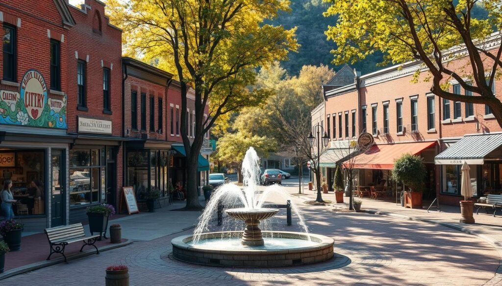 A quaint Hudson Valley arts town, nestled between rolling hills and winding streams. Charming brick buildings line the main street, their facades adorned with vibrant murals and local artwork. Boutiques, galleries, and cozy cafes spill out onto the sidewalks, creating a lively, pedestrian-friendly atmosphere. Warm sunlight filters through the trees, casting a golden glow over the scene. In the town square, a water fountain sparkles, surrounded by benches where locals and visitors alike pause to take in the tranquil ambiance. The overall mood is one of rustic elegance, a perfect escape from the bustling city just a short drive away.