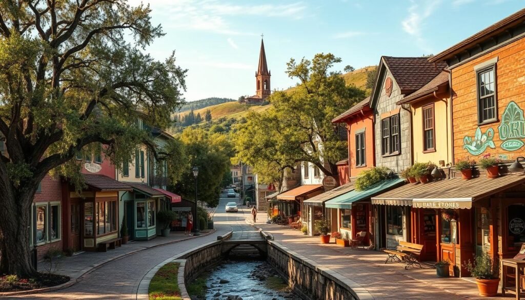 A quaint and charming art town nestled in a lush, rolling landscape. The picturesque main street is lined with colorful galleries, antique shops, and cozy cafes, their facades adorned with intricate murals and architectural details. Towering oak trees cast dappled shadows over the cobblestone sidewalks, and a gentle stream winds its way through the center of town. In the distance, a historic church steeple rises above the rooftops, its weathered stone facade glowing in the warm afternoon light. The town exudes a sense of timeless tranquility and artistic inspiration, inviting visitors to explore its hidden gems and savor the vibrant local culture.