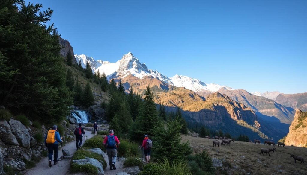 A rugged, mountainous landscape unfolds, with snow-capped peaks piercing the azure sky. In the foreground, a group of adventurers navigate a winding trail, their backpacks and trekking poles in hand, as they explore the untamed wilderness. Sunlight filters through the canopy of dense, verdant foliage, casting a warm, golden glow over the scene. The middle ground reveals a cascading waterfall, its crystal-clear waters crashing against the weathered rock formations. In the distance, a herd of wild animals graze peacefully, their silhouettes contrasting with the dramatic, jagged cliffs that rise up behind them. The overall atmosphere conveys a sense of awe, discovery, and the thrill of embarking on an affordable, immersive adventure.