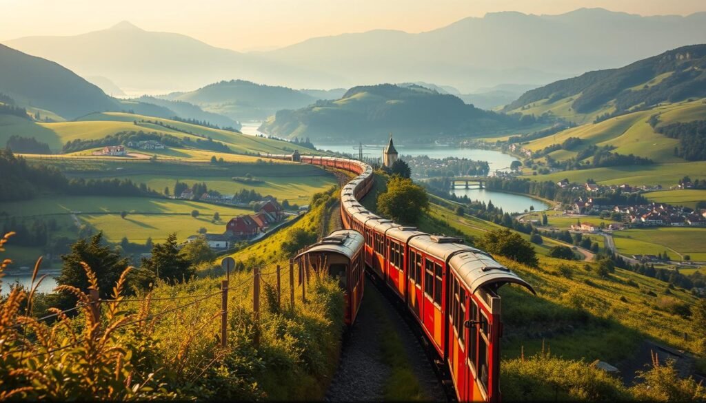 A scenic railway journey through lush, rolling landscapes, a picturesque train snaking its way past verdant hills, sparkling lakes, and quaint towns. The carriages glide smoothly, passengers gazing out at the breathtaking panorama, lost in the tranquility of the moment. Soft, warm lighting bathes the scene, creating a sense of serene escapism. In the foreground, the train's sleek, streamlined profile commands attention, while the middle ground reveals charming villages and natural wonders. The background fades into hazy, ethereal mountains, completing the vision of a perfect, easy transit getaway from the city.