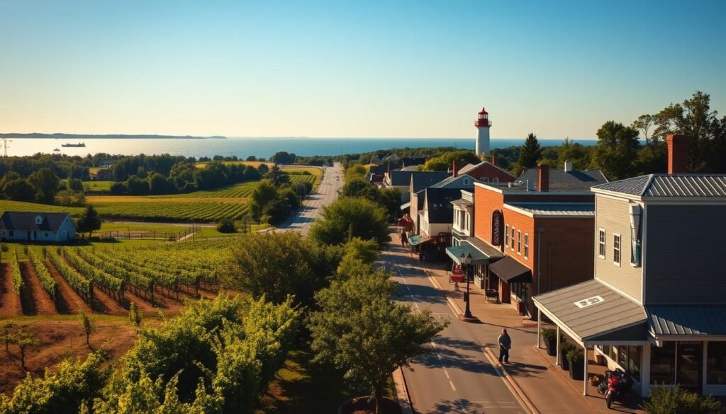 A scenic view of Long Island's North Fork, capturing the essence of a budget-friendly weekend getaway. In the foreground, rolling vineyards and quaint farmhouses dot the landscape, bathed in the warm glow of the afternoon sun. The middle ground features a charming main street, lined with local shops and eateries, inviting visitors to explore the laidback charm of the region. In the distance, the sparkling waters of the Peconic Bay stretch out, with the iconic Shelter Island lighthouse standing as a beacon on the horizon. The overall atmosphere is one of tranquility and simplicity, reflecting the relaxed, affordable escape that the North Fork, Riverhead, and Shelter Island offer to New Yorkers seeking a weekend respite from the city.