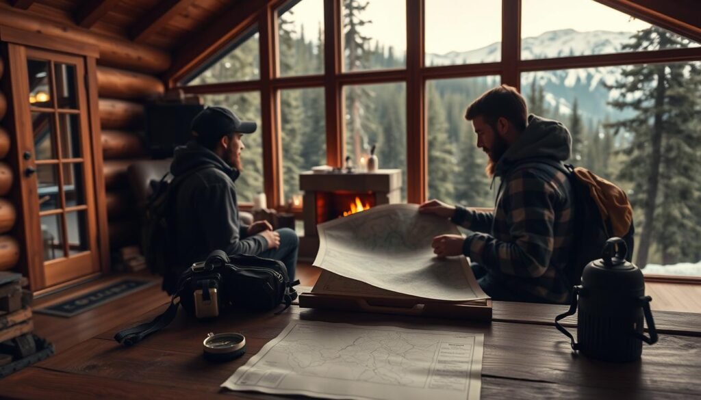 A scenic weekend getaway for two, with a cozy cabin nestled in a lush forest. In the foreground, a wooden table is set with a map, compass, and outdoor gear, hinting at the adventures to come. The middle ground features a pair of hikers meticulously planning their itinerary, studying the map and discussing their route. In the background, a crackling fireplace sets a warm, inviting ambiance, while large windows offer glimpses of the serene, snow-capped mountains beyond. The lighting is soft and golden, creating a dreamlike, nostalgic atmosphere. The overall scene conveys the excitement and anticipation of a budget-friendly, nature-inspired weekend escape.