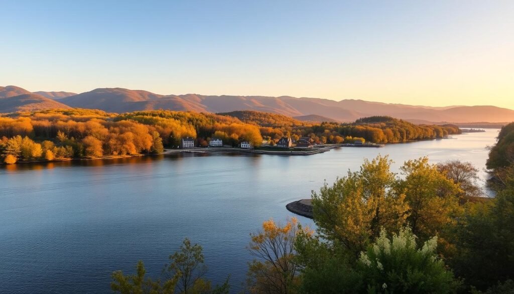 A serene and picturesque Hudson River landscape, with the majestic Catskill Mountains rising in the distance. In the foreground, the tranquil waters of the river reflect the golden hues of the setting sun, casting a warm glow over the surrounding trees and banks. In the middle ground, a small town with charming colonial-style buildings nestles along the riverbank, its quaint streets and sidewalks inviting exploration. The scene is bathed in soft, natural light, creating a sense of timeless beauty and a perfect blend of nature and small-town allure.